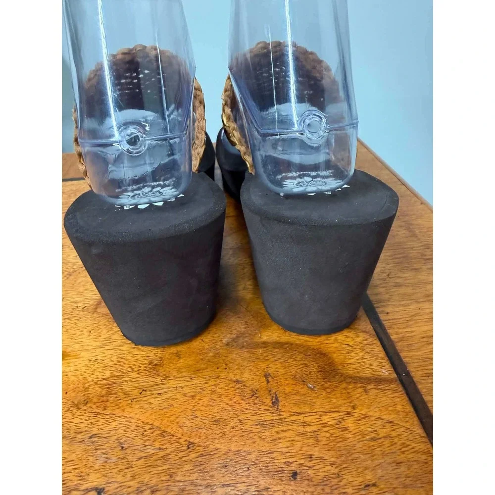 Yellow Box Womens 8 Woven Straw Platform Wedge Thong Sandals Tan Black Boho